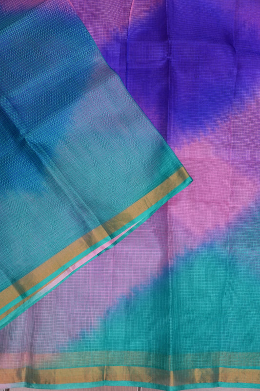 Silk Kota Multicolor Saree - Teal, Lavender & Blue Blend