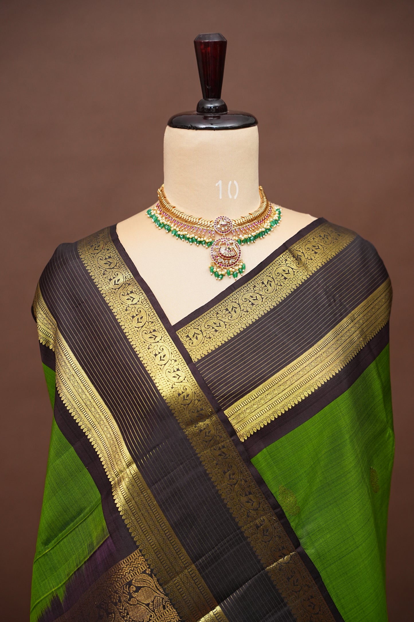 Leaf Green & Coffee Pure Kanchipuram Silk Saree|Silk Mark Certified