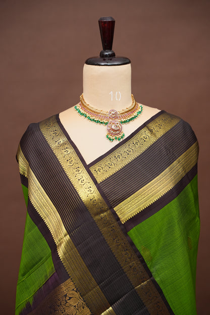 Leaf Green & Coffee Pure Kanchipuram Silk Saree|Silk Mark Certified
