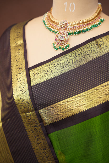 Leaf Green & Coffee Pure Kanchipuram Silk Saree|Silk Mark Certified