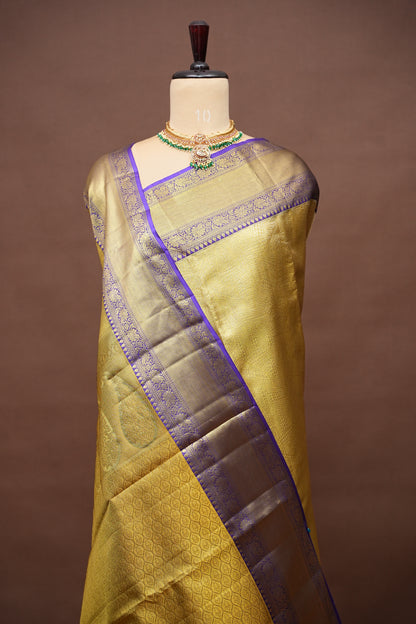 Geometric Pure Tissue Kanchivaram Silk Saree - Gold With Royal Purple & Gold Border