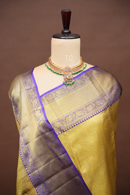 Geometric Pure Tissue Kanchivaram Silk Saree - Gold With Royal Purple & Gold Border