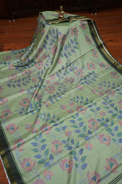 Semi Crepe Saree with Floral Design & Small Border – Sage Green
