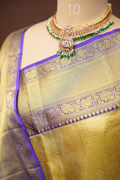 Geometric Pure Tissue Kanchivaram Silk Saree - Gold With Royal Purple & Gold Border