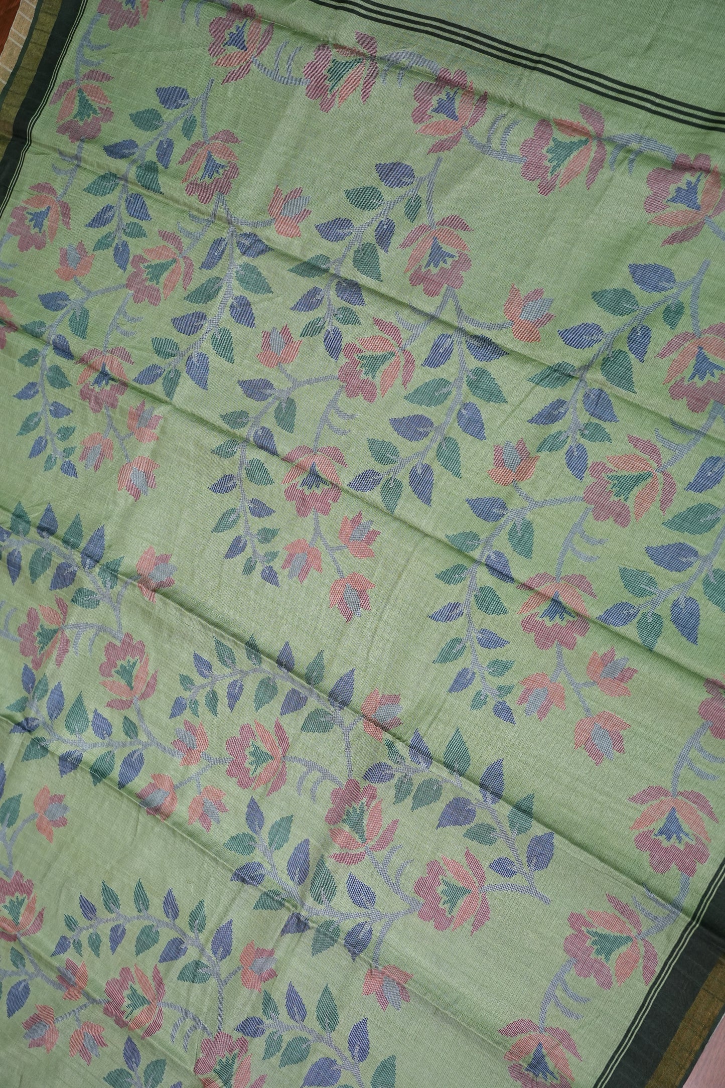 Semi Crepe Saree with Floral Design & Small Border – Sage Green