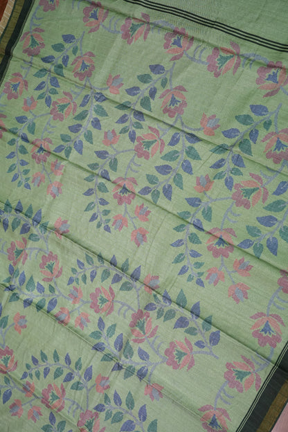 Semi Crepe Saree with Floral Design & Small Border – Sage Green