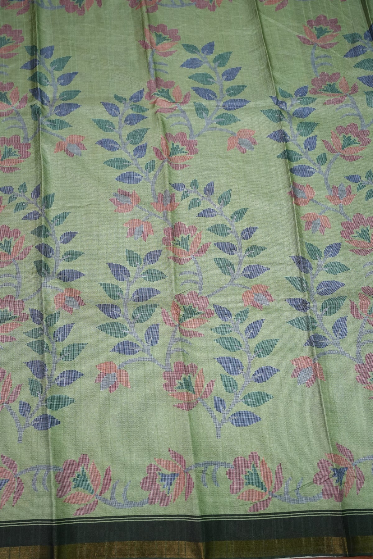Semi Crepe Saree with Floral Design & Small Border – Sage Green
