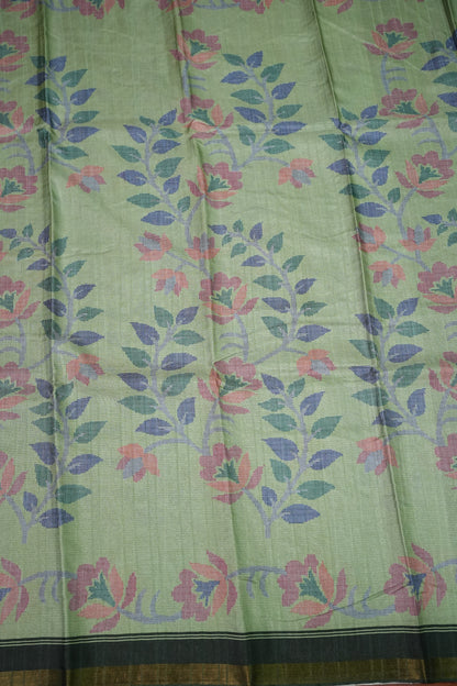Semi Crepe Saree with Floral Design & Small Border – Sage Green