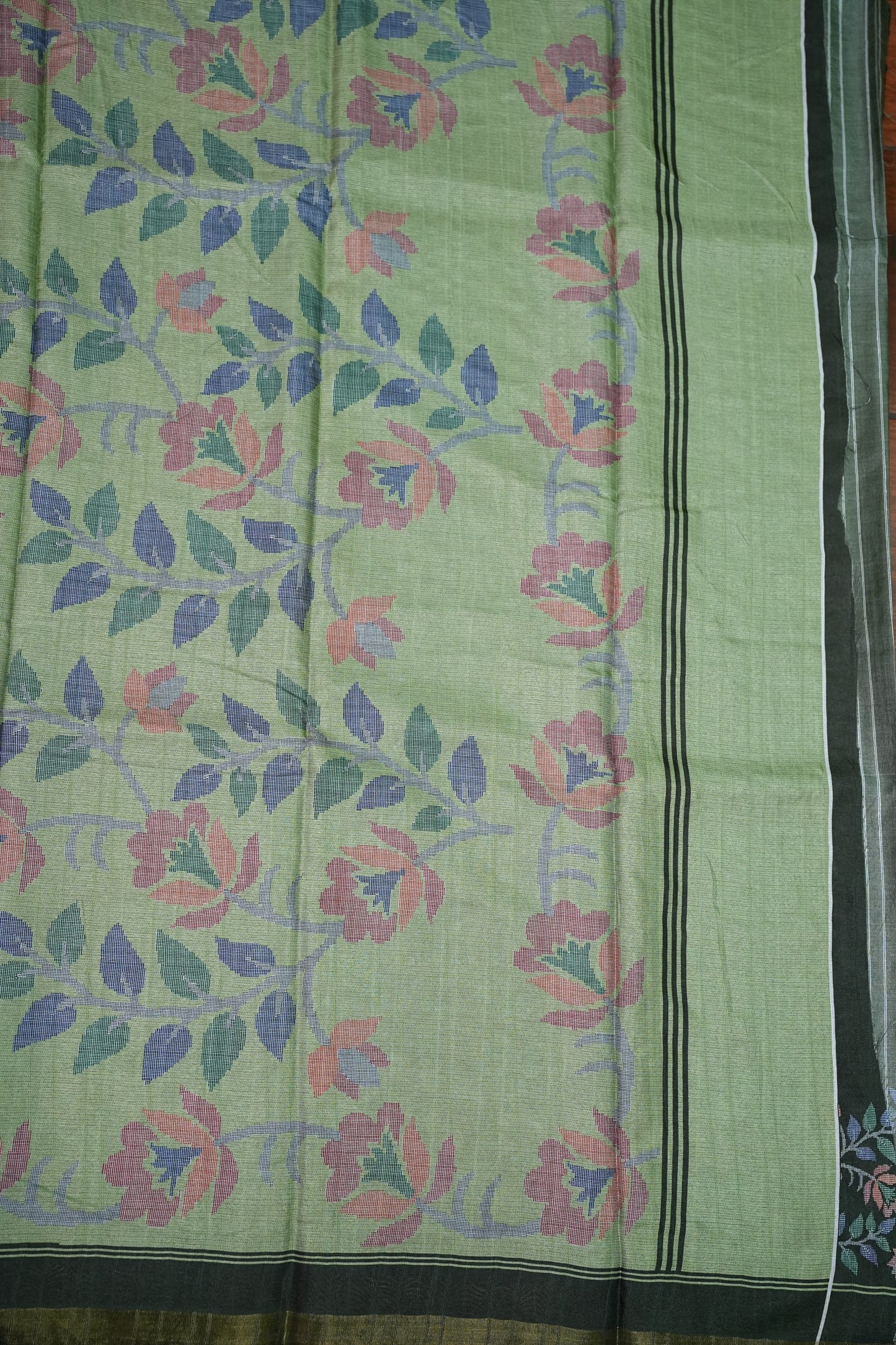 Semi Crepe Saree with Floral Design & Small Border – Sage Green