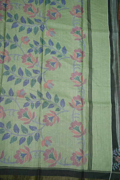 Semi Crepe Saree with Floral Design & Small Border – Sage Green