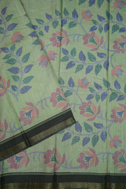 Semi Crepe Saree with Floral Design & Small Border – Sage Green