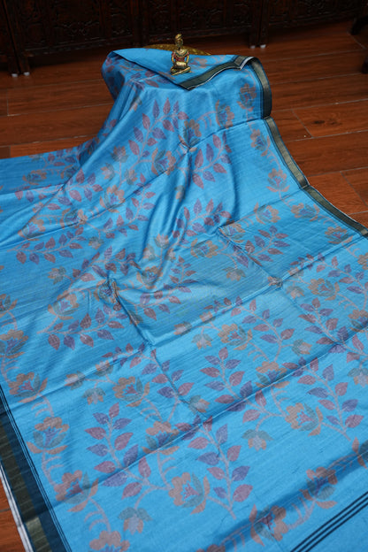 Semi Crepe Saree with Floral Design & Small Border – Sky Blue