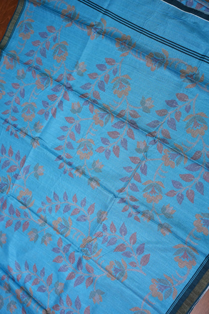 Semi Crepe Saree with Floral Design & Small Border – Sky Blue