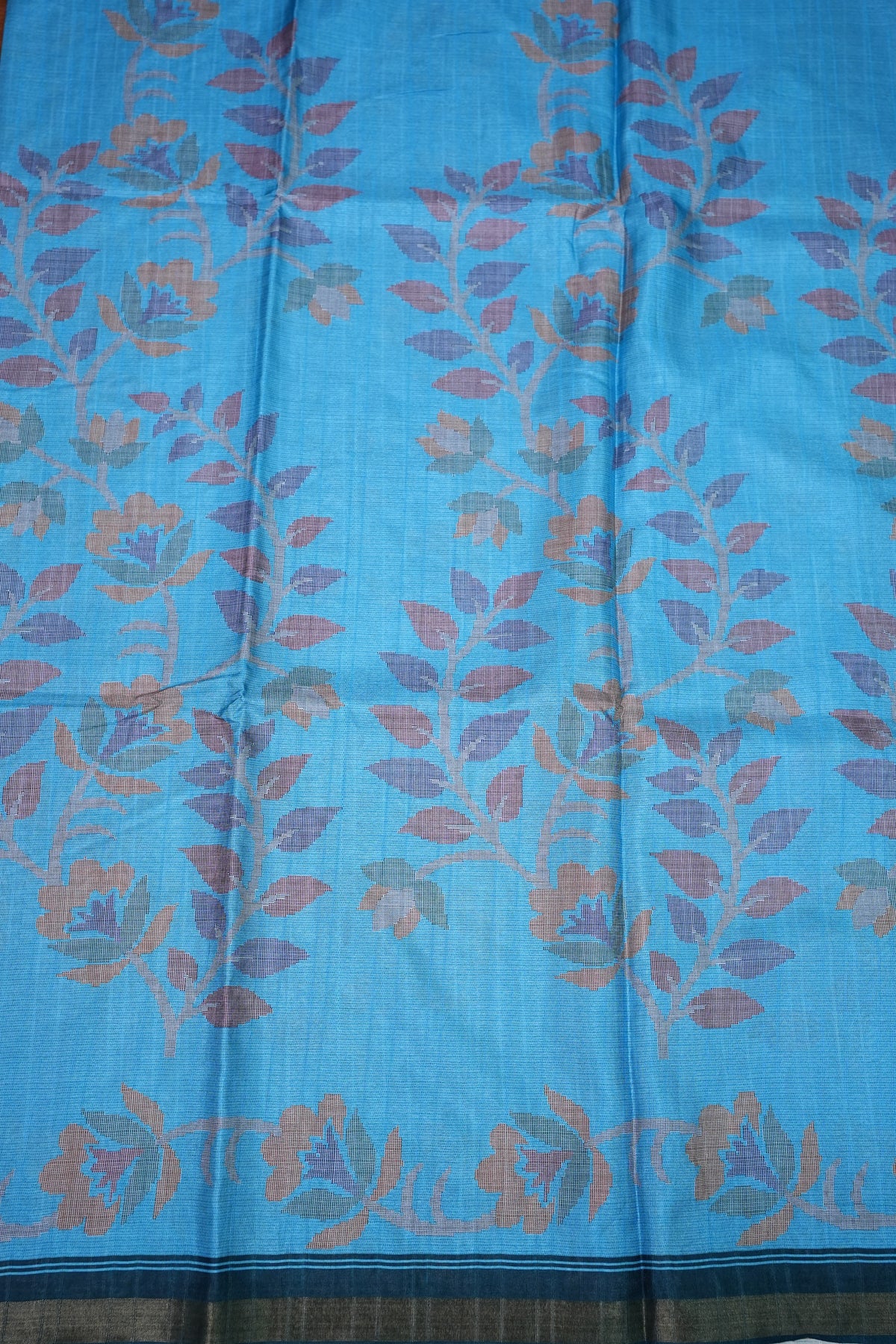 Semi Crepe Saree with Floral Design & Small Border – Sky Blue