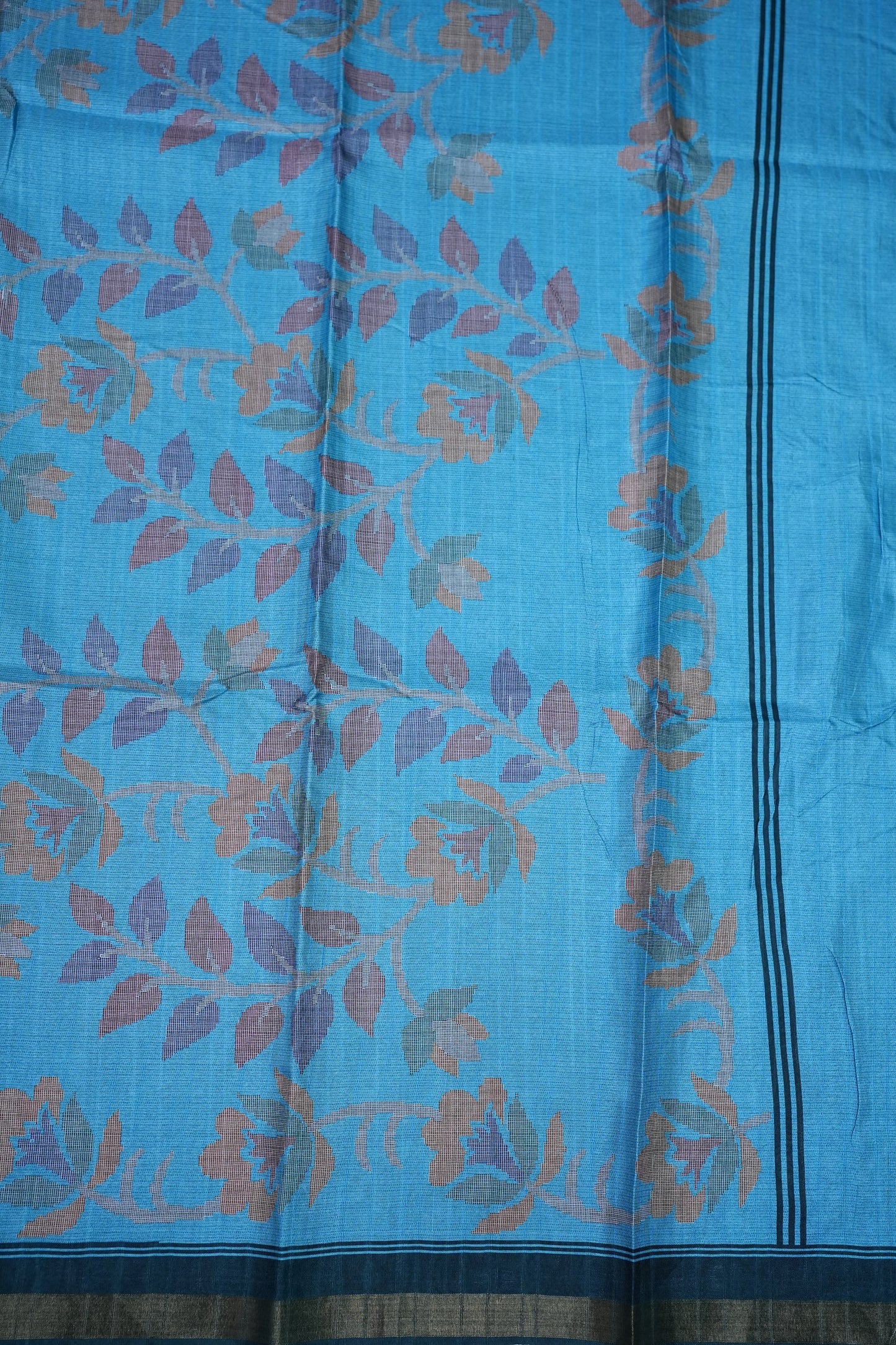 Semi Crepe Saree with Floral Design & Small Border – Sky Blue