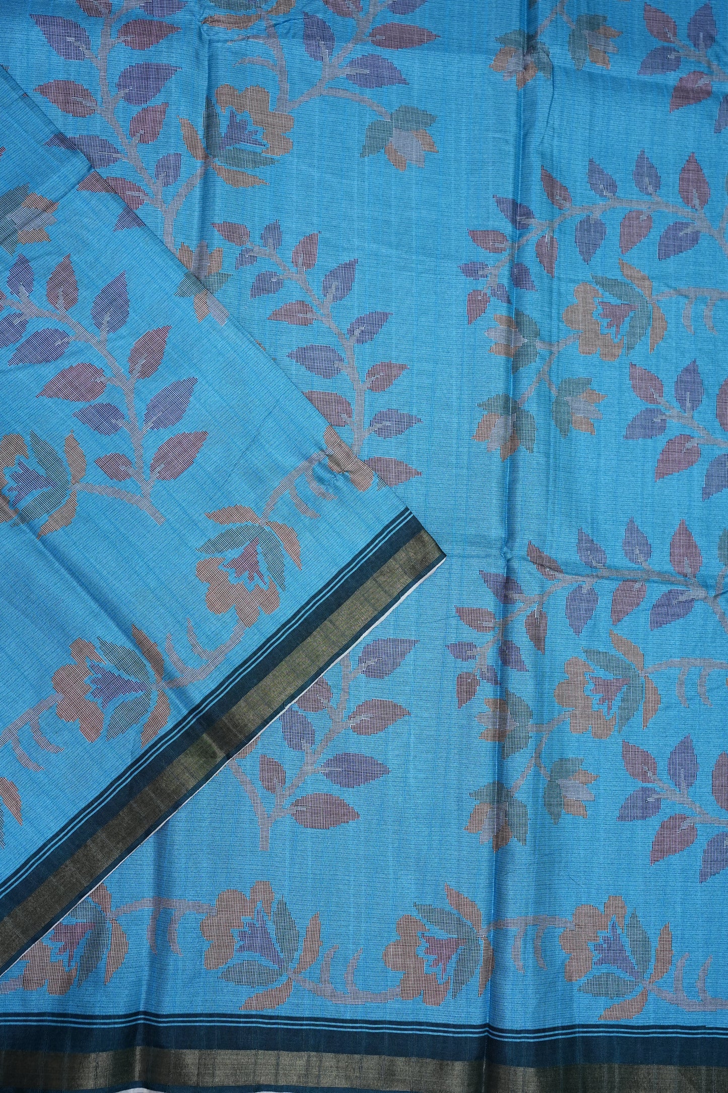 Semi Crepe Saree with Floral Design & Small Border – Sky Blue