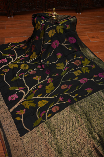 Soft Matka Banarasi Saree with Needle Design Work – Black