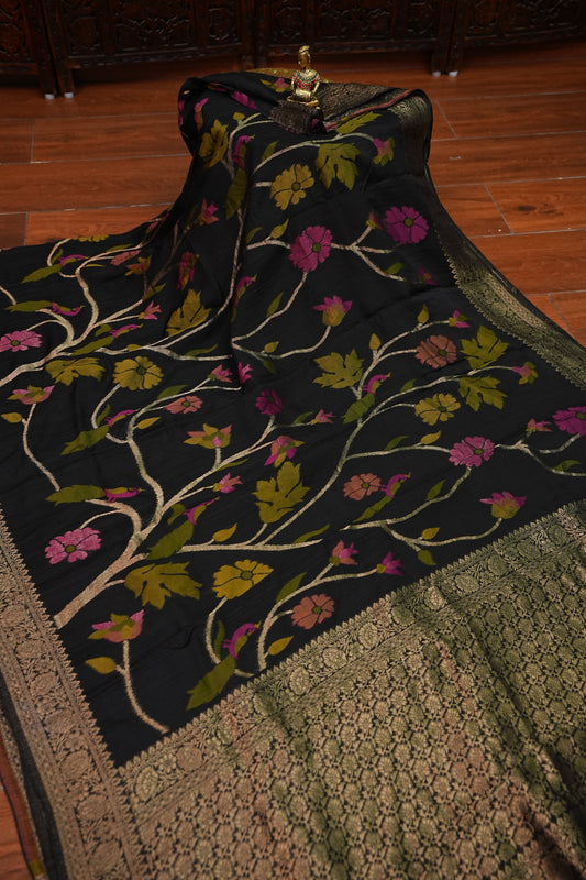 Soft Matka Banarasi Saree with Needle Design Work – Black