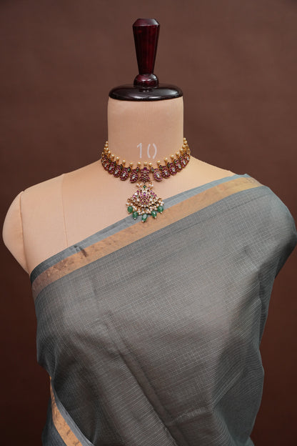 Silk Kota Plain Saree - Grey