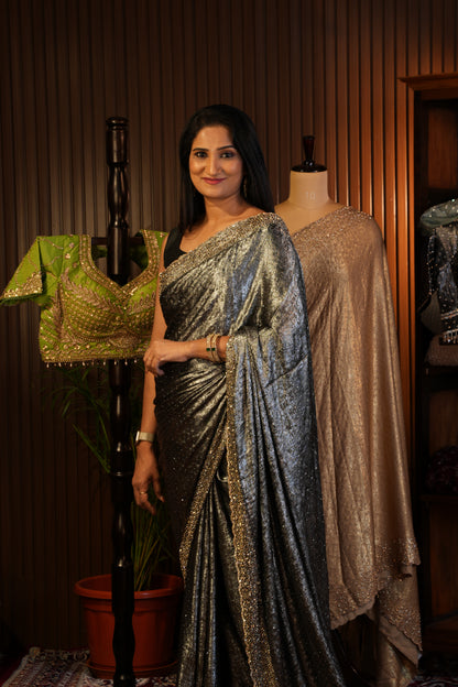 Silver blackish Grey Hand Embellished Party Wear Saree with Designer Scallop Border