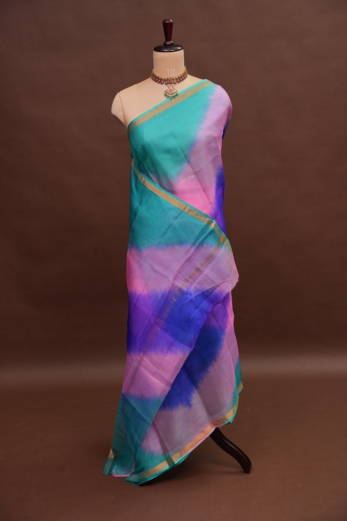 Silk Kota Multicolor Saree - Teal, Lavender & Blue Blend