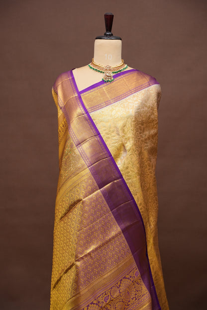 Gold & Purple Pure Tissue Kanchipuram Silk Saree|Silk Mark Certified