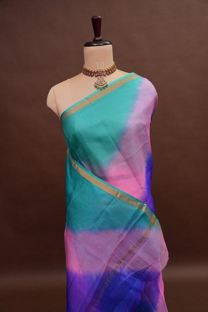 Silk Kota Multicolor Saree - Teal, Lavender & Blue Blend
