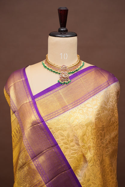 Gold & Purple Pure Tissue Kanchipuram Silk Saree|Silk Mark Certified