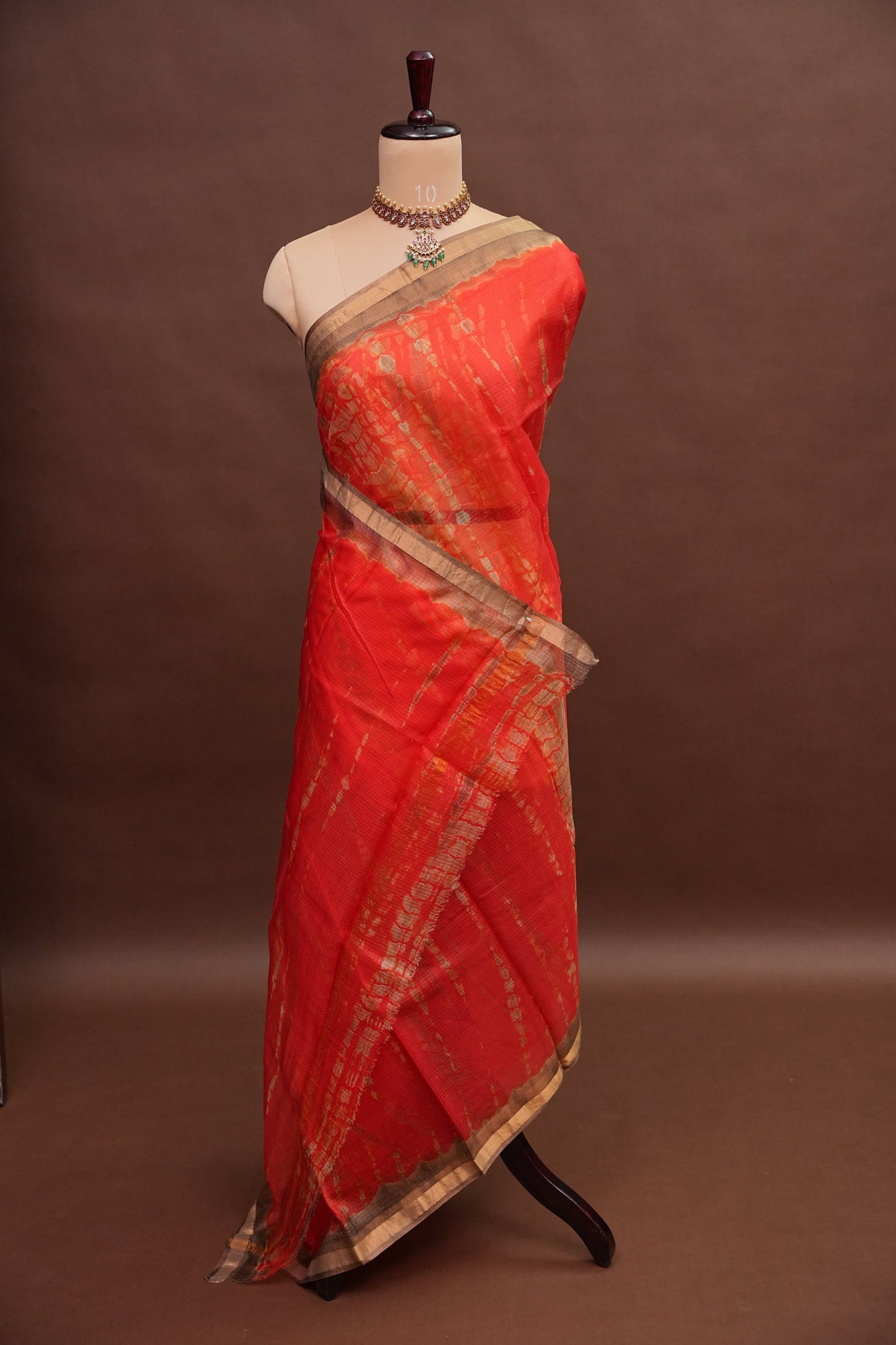 Silk Kota Shibori Tie & Dye Saree - Orange and Mud Brown