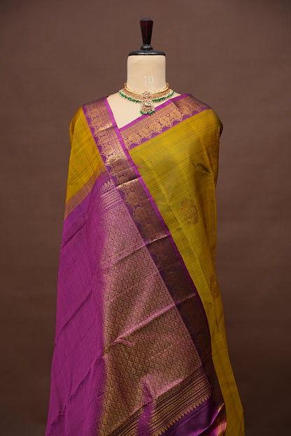 Burnt Olive Green with Deep Magenta Pure Kanchipuram Silk Saree|Silk Mark Certified