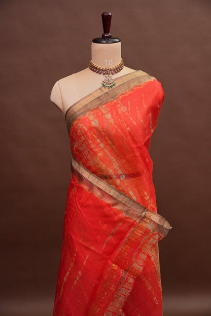 Silk Kota Shibori Tie & Dye Saree - Orange and Mud Brown