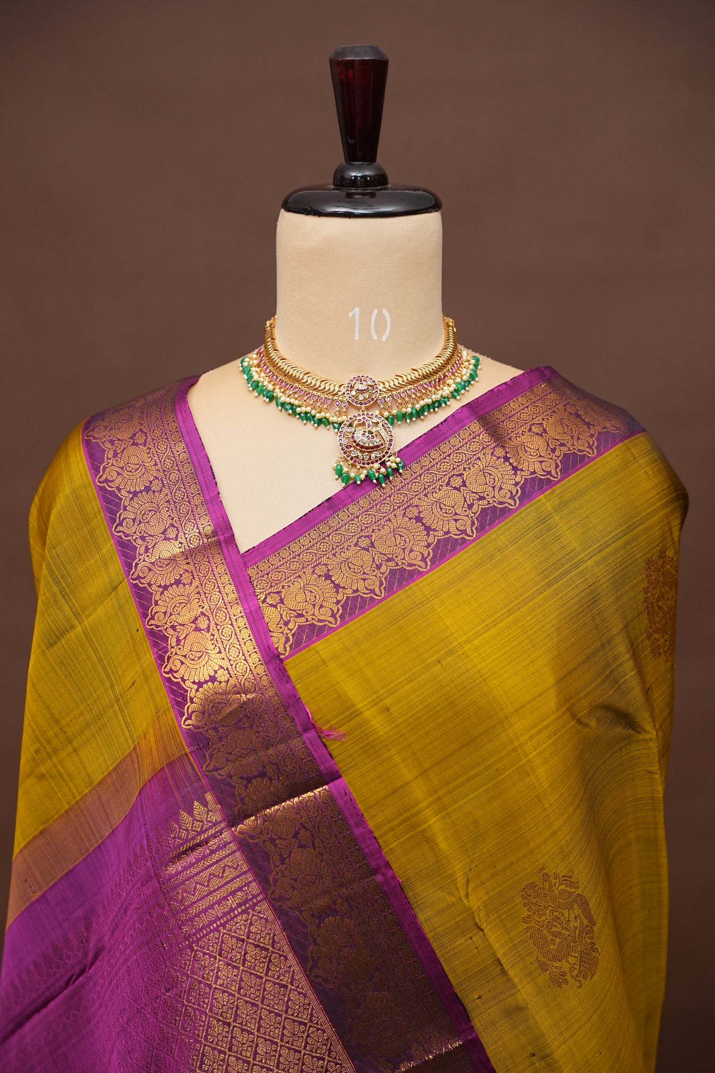Burnt Olive Green with Deep Magenta Pure Kanchipuram Silk Saree|Silk Mark Certified