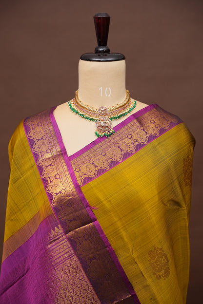 Burnt Olive Green with Deep Magenta Pure Kanchipuram Silk Saree|Silk Mark Certified