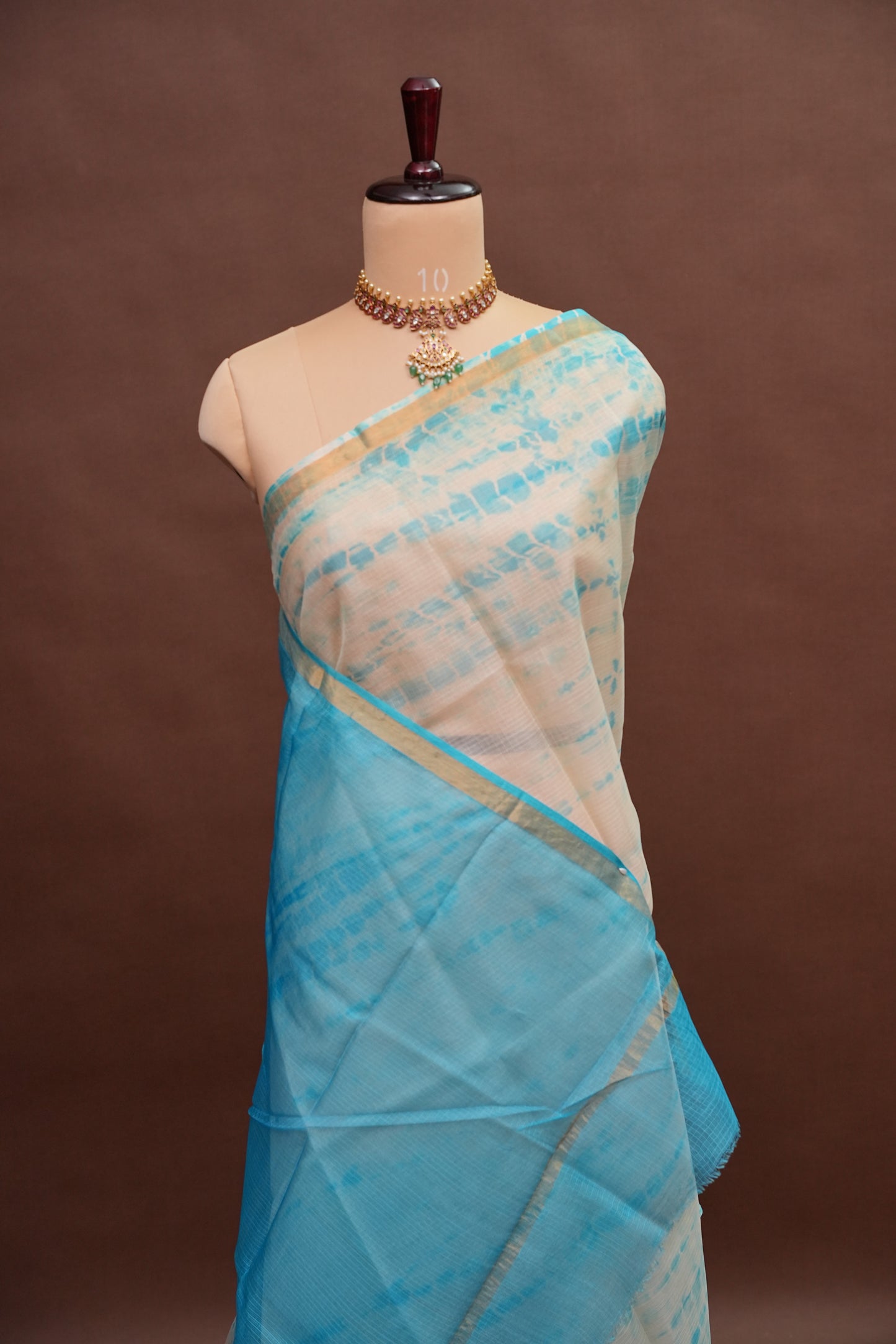 Silk Kota Shibori Tie & Dye Saree - Blue and white