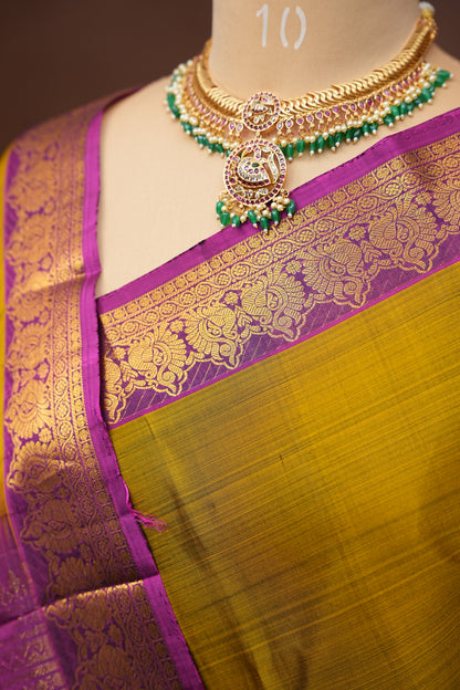 Burnt Olive Green with Deep Magenta Pure Kanchipuram Silk Saree|Silk Mark Certified