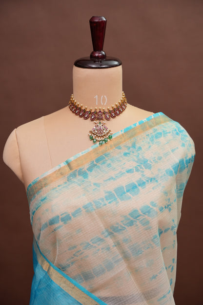 Silk Kota Shibori Tie & Dye Saree - Blue and white