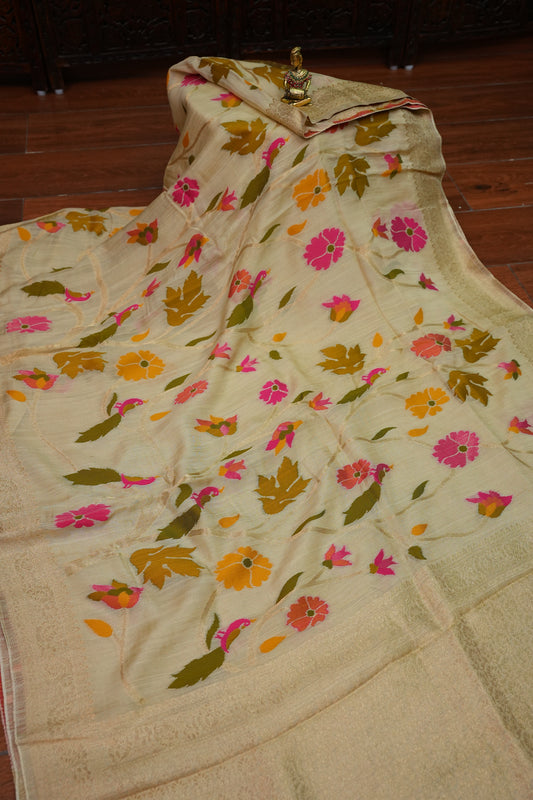 Soft Matka Banarasi Saree with Needle Design Work – Half White