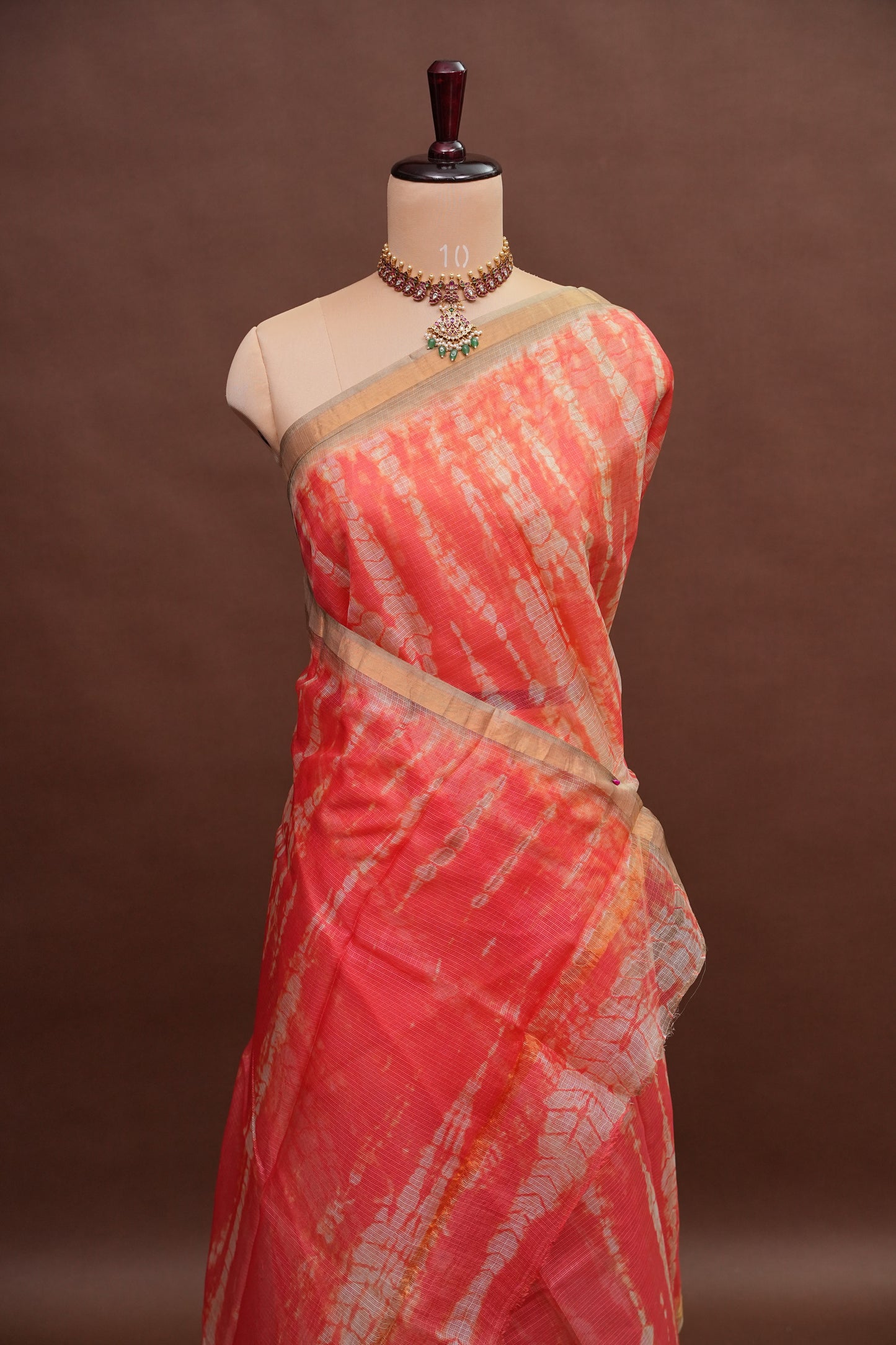 Silk Kota Shibori Tie & Dye Saree - Orange & Mud Brown