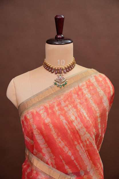 Silk Kota Shibori Tie & Dye Saree - Orange & Mud Brown