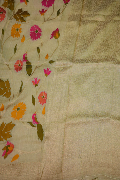 Soft Matka Banarasi Saree with Needle Design Work – Half White