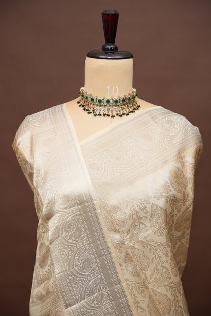 Ivory Pure Kanchipuram Silk Saree|Silk Mark Certified|Silk Mark Certified