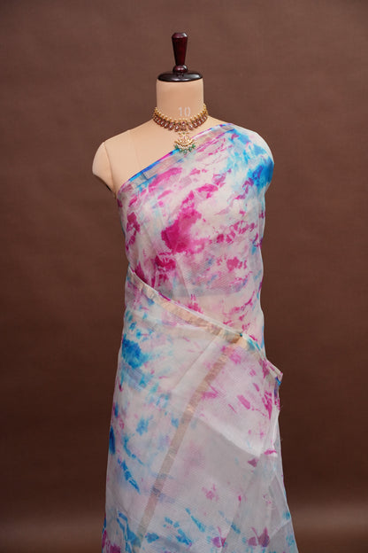 Silk Kota Shibori Tie & Dye Saree - White with Pink & Blue