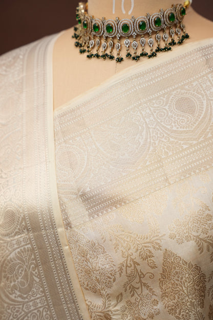 Ivory Pure Kanchipuram Silk Saree|Silk Mark Certified|Silk Mark Certified