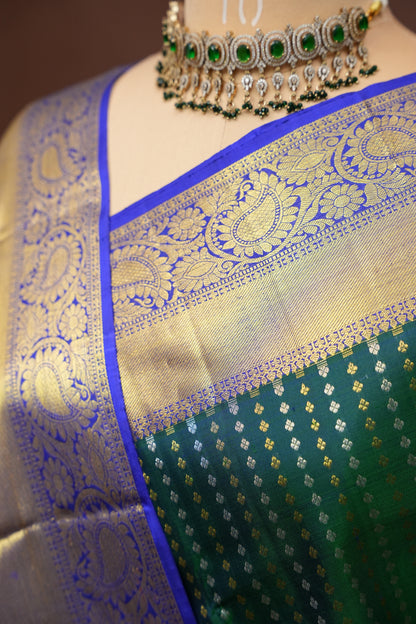 Peacock Green & Blue Pure Kanchipuram Silk Saree|Silk Mark Certified