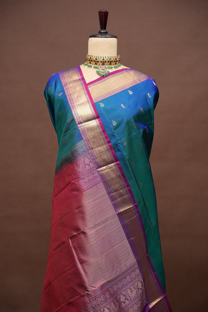 Peacock Blue & Purple Pure Kanchipuram Silk Saree|Silk Mark Certified