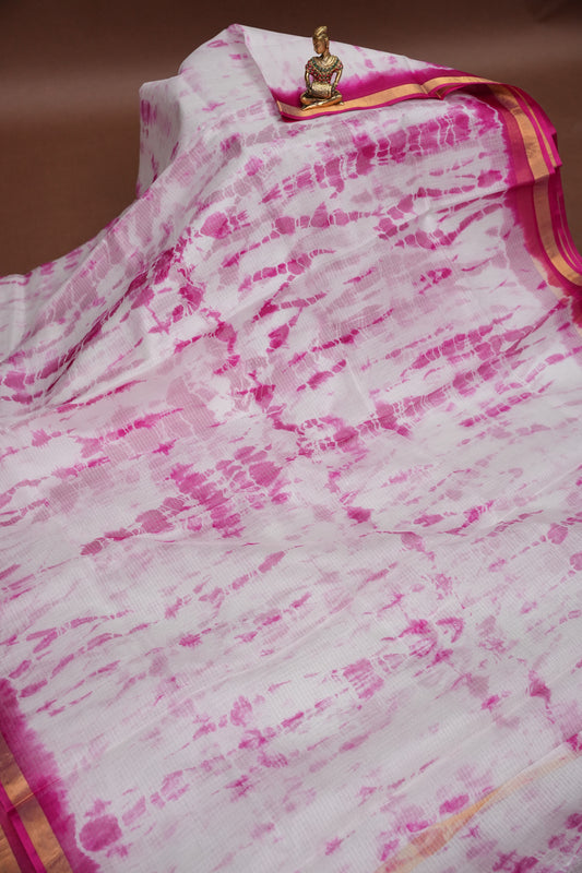 Silk Kota Shibori Tie & Dye Saree - Pink & White
