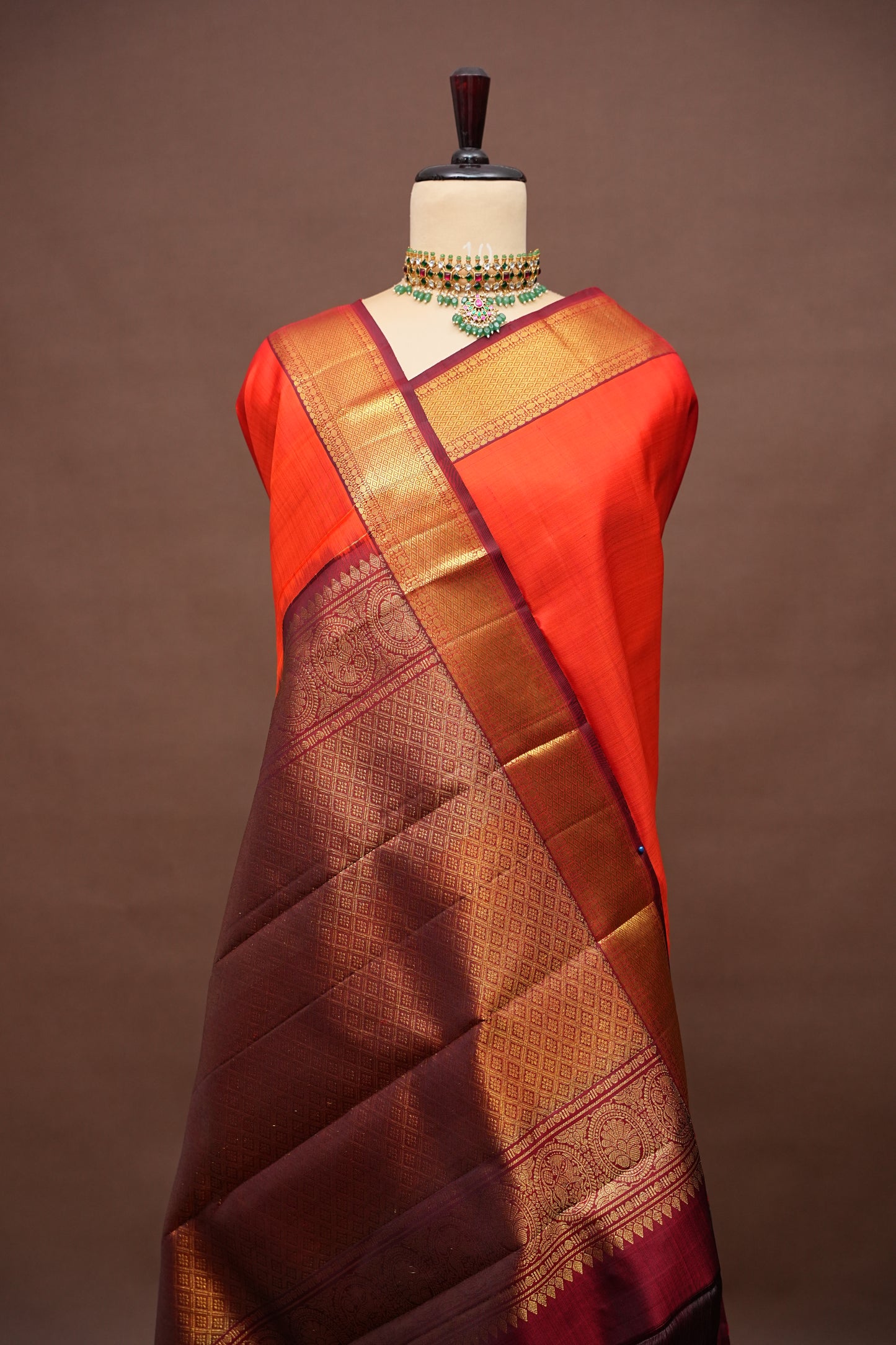 Orange & Maroon Pure Kanchipuram Silk Saree|Silk Mark Certified