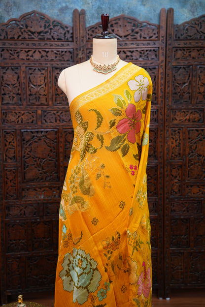 Soft Matka Banarasi Saree with Needle Design Work – Mustard Yellow