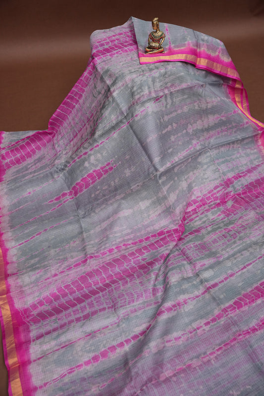 Silk Kota Shibori Tie & Dye Saree - Grey and Pink