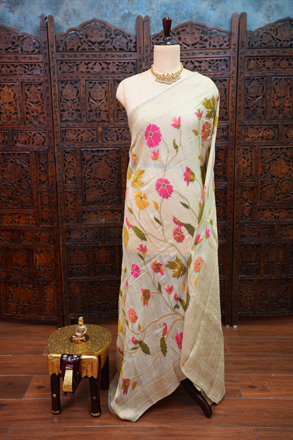Soft Matka Banarasi Saree with Needle Design Work – Half White